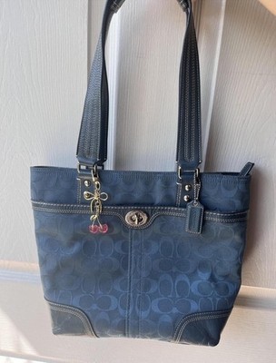 Coach Women's Dark Blue Logo Tote Bag with Turn Lock, Bag Charm