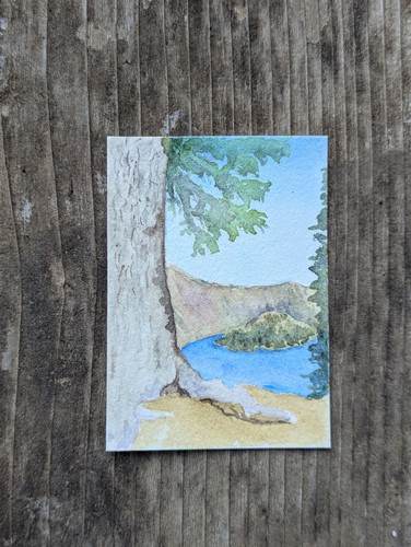 ACEO Original Watercolor Painting Wizard Isl. Crater Lake By C. Avilez 2.5"x3.5"