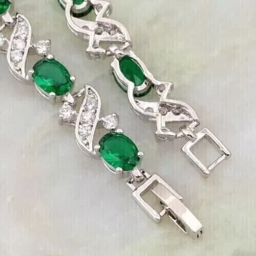 12Ct Lab-Created Oval Cut Emerald Women's Tennis Bracelet 14K White Gold Plated - Picture 4 of 5