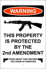 WARNING PROPERTY PROTECTED BY 2nd AMENDMENT 8"X12" ALUM SIGN GUNS PISTOL 9MM