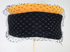 Womens Vintage Netting Pillbox Hat Black And Orange 1940s-1950s US Sz 6 3/4