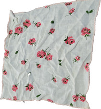 Heavy Cotton Hanky Handkerchief Red Roses Flowers Pink Crocheted Hem Vintage