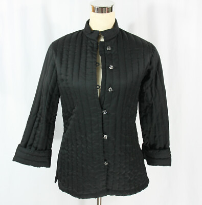Vintage Quilted Mandarin Collar Crystal Cube Button Jacket Coat Black ILGWU