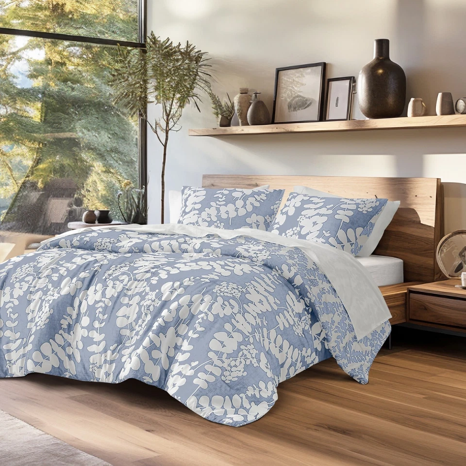 现代花卉印花双面双 XL 全大号国王棉被套装所有季节 — 第 3/4 张图片