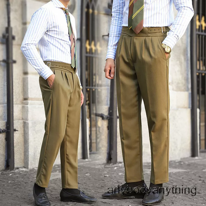 Mens Vintage Gurkha Trousers High Waist Straight Dress Pants Cotton Casual  Pants