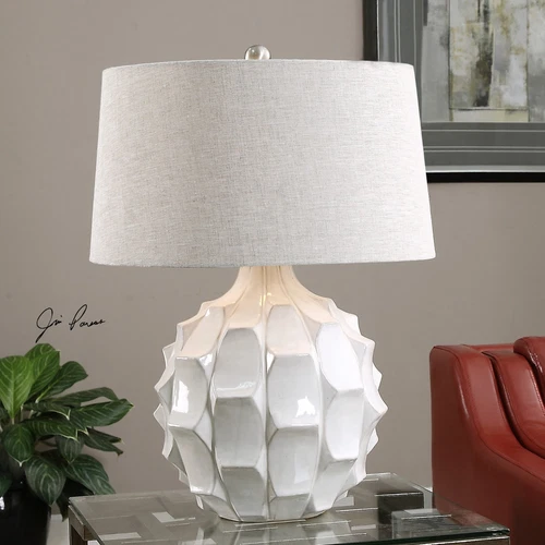 GUERINA URBAN MODERN 27" SCALLOPED GLOSS WHITE CERAMIC TABLE LAMP 27052 - Picture 2 of 6