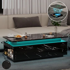 Smart High Gloss LED Coffee Table Black Center Table w/ Charge Bulit-in Speaker