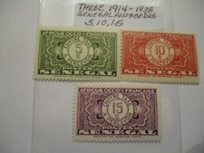 Three 1914-1938 Senegal Postage Due Stamps - 5, 10, 15 Denomination