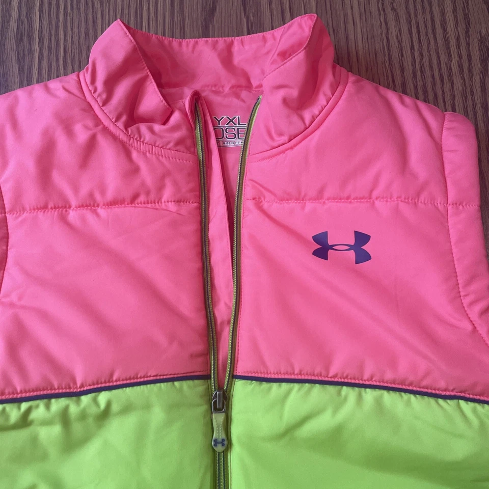 Under Armour ColdGear YXL Niñas Chaleco Suelto Puffer Cremallera Completa Rosa Verde Bolsillos Foto 2 de 4