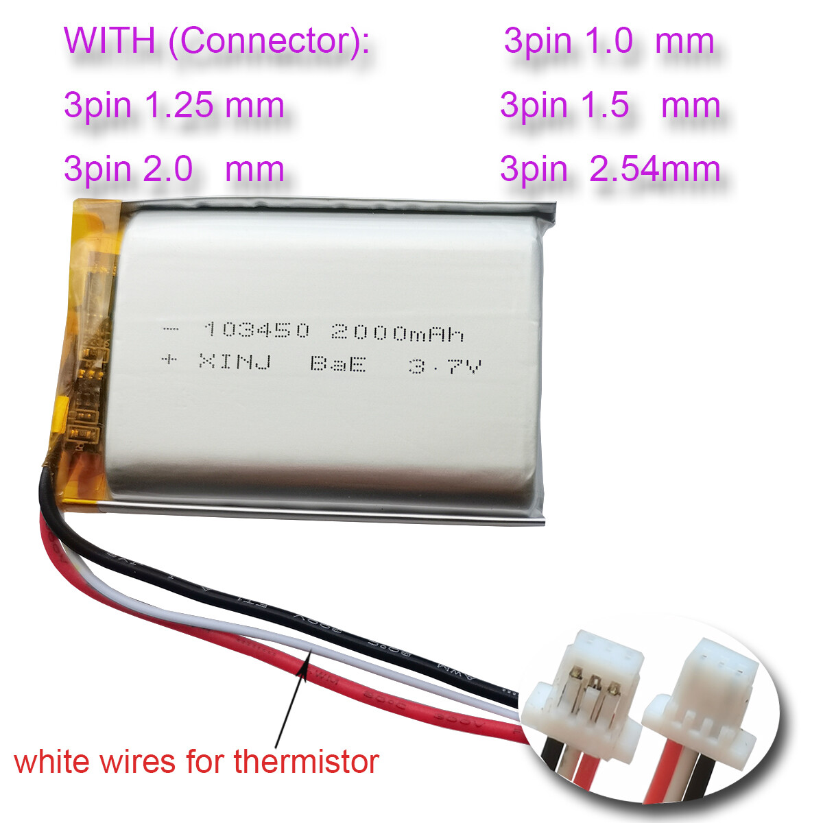 3.7V 2000mAh 7.4Wh Rechargeable Li Battery 103450 JST 3Pin 3-Wires