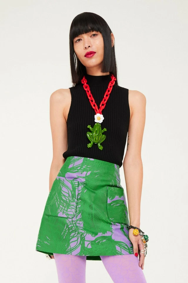 H&M X IRIS APFEL GREEN PURPLE JACQUARD WEAVE MINI SKIRT UK 18 EU 46 US 14 L BNWT - Image 2 of 4