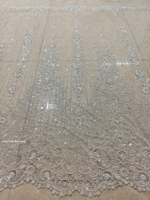 NEW Luxery Beads Lace Fabric White Silvery Wedding Lace Fabric Material