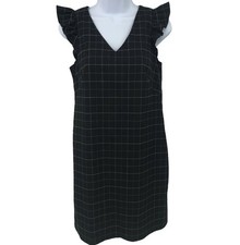 Check Plaid Dress Womens Sz 12 Ruffle Cap Sleeve Preppy Career Black White Loft