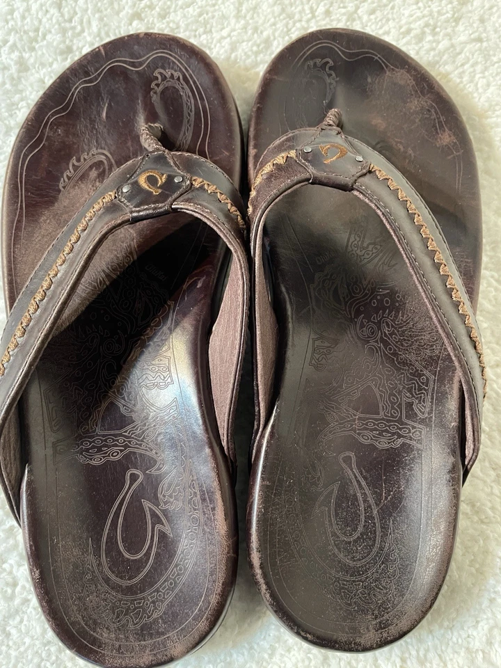 Мужские сандалии Olukai 10 M Mea Ola темно-яванские коричневые кожаные стринги шлепанцы пляжные - Изображение 4 из 4