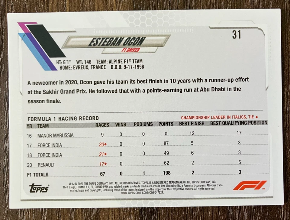 Checker Flag Esteban Ocon #31 Alpine - 2021 Topps Formula 1 F1 Flagship  NM - Image 2 of 2