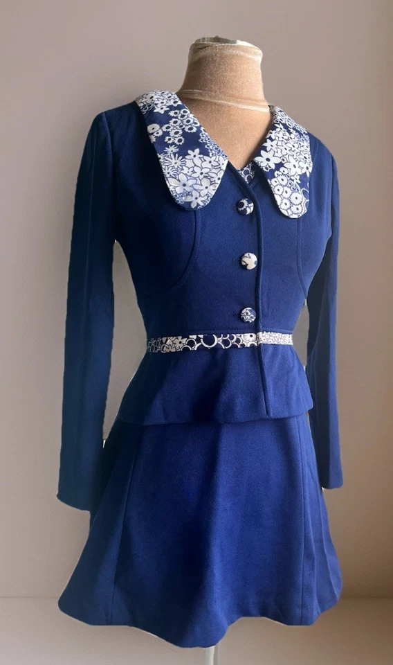 Vintage 60s Mod Floral Navy Dress And Jacket 2 Piece Twee Mod Wes Anderson XS - Image 2 of 4