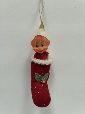 Vintage 60's-70s' Rubber Face Elf Pixie in Santa Glitter Boot Christmas Ornament