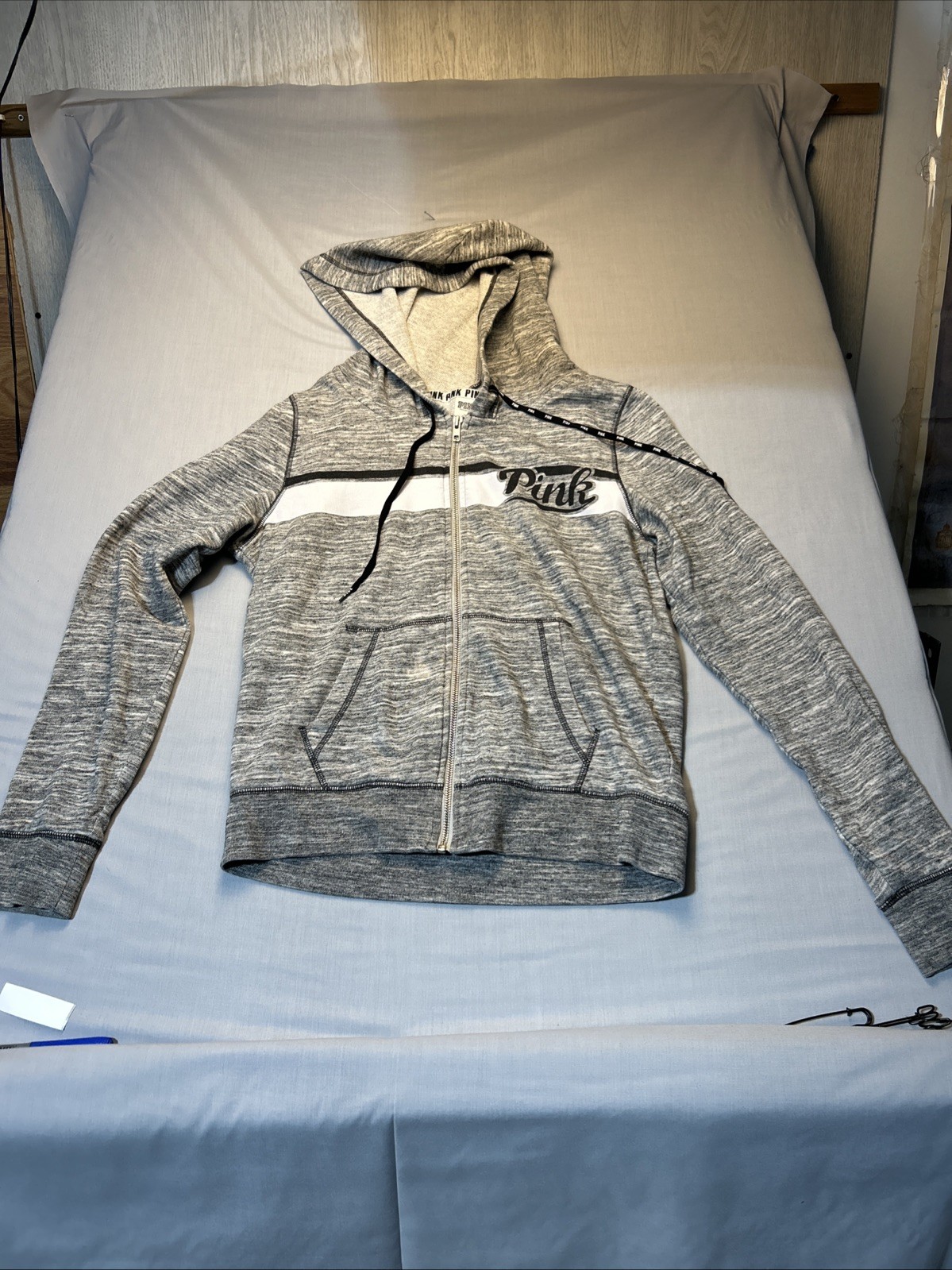 Pink Victorias Secret Womens Hooded Jacket Gray Full Zip Long Sleeve Knit Size M