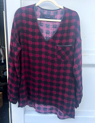 Polo Garage Blouse Women Size S Burgundy/Black Check V-Neck Pullover Pocket