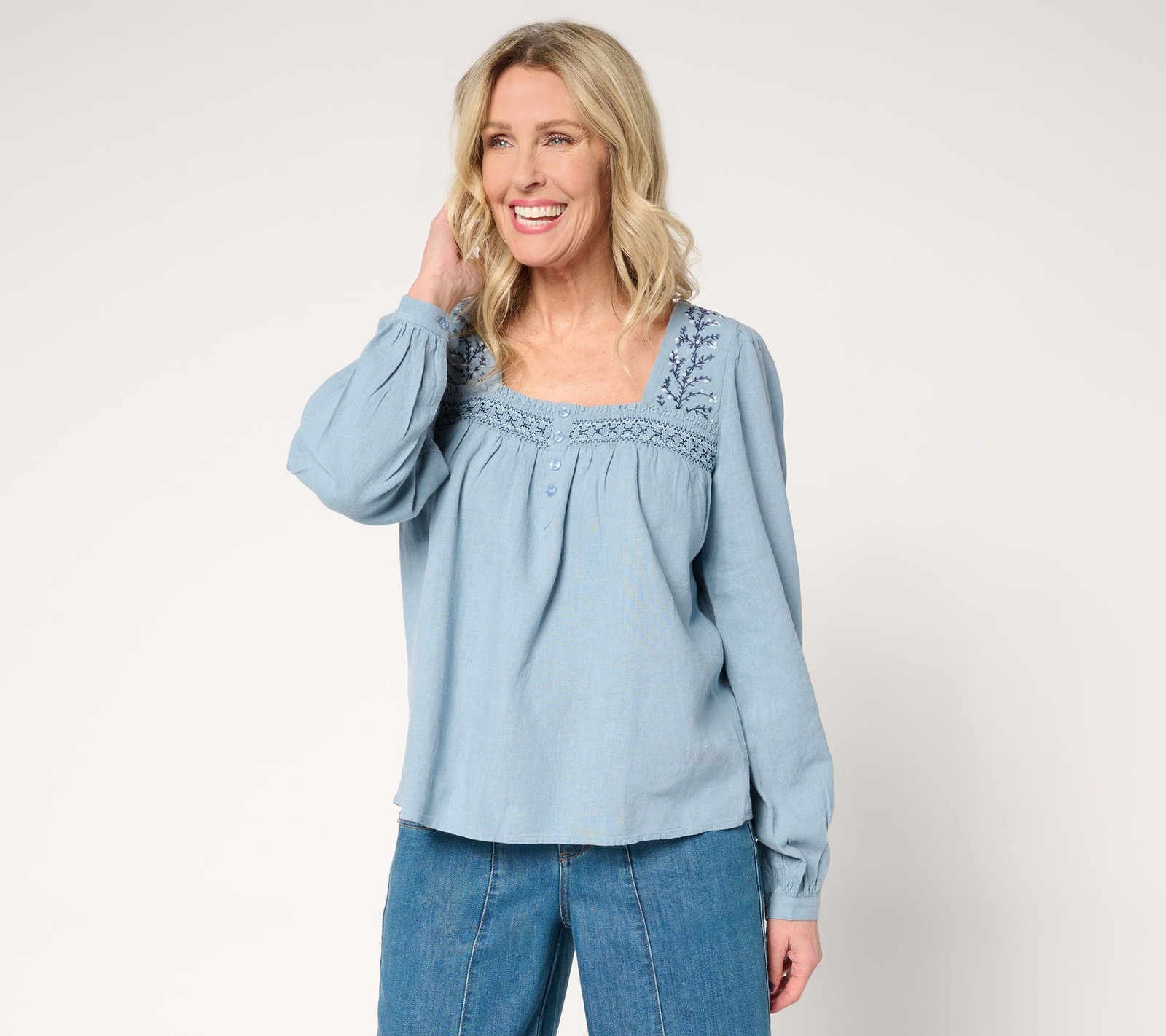 Me by Jennie Garth Women's Top Sz L Linda Embroidered Blouse Blue A683333