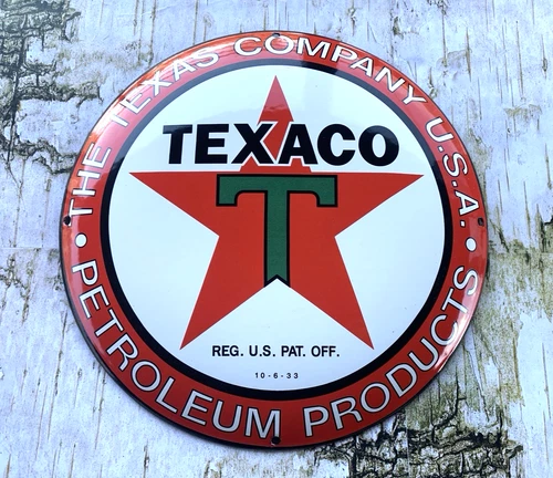 VINTAGE 12" Dome TEXACO TEXAS PETROLEUM GASOLINE OIL PORCELAIN PUMP STATION SIGN