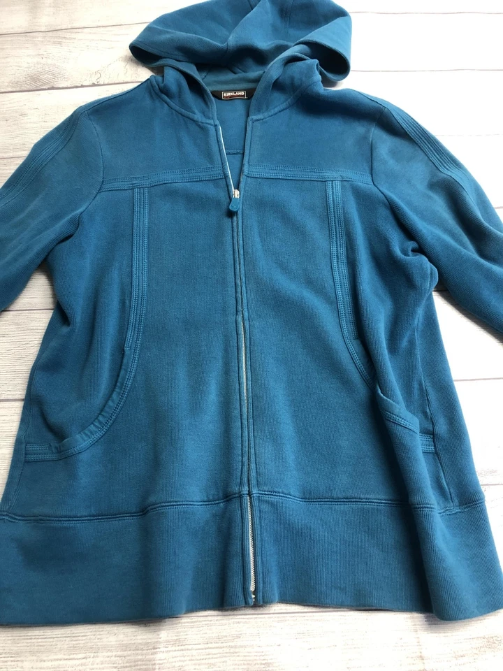 Sudadera con capucha Kirkland Signature para mujer XL azul azulado cremallera completa mezcla de algodón bolsillos Foto 2 de 4