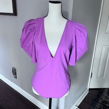 Intimately Free People Bodysuit Womens L Va Va Voop V Neck Short Puff Sleeve Top