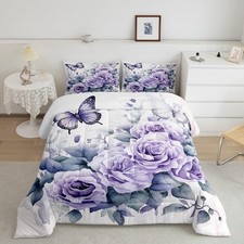 Purple Flower Bedding Set Queen Size for Girls Women - Butterfly Floral Comfo...