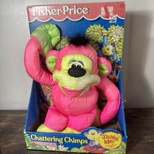 Vintage Fisher Price Chattering Chimp Plush Monkey Neon Pink Puffalump New NIB