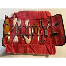 Vintage French Ivory Celluloid Vanity Travel Kit Beauty Manicure Brush Leather