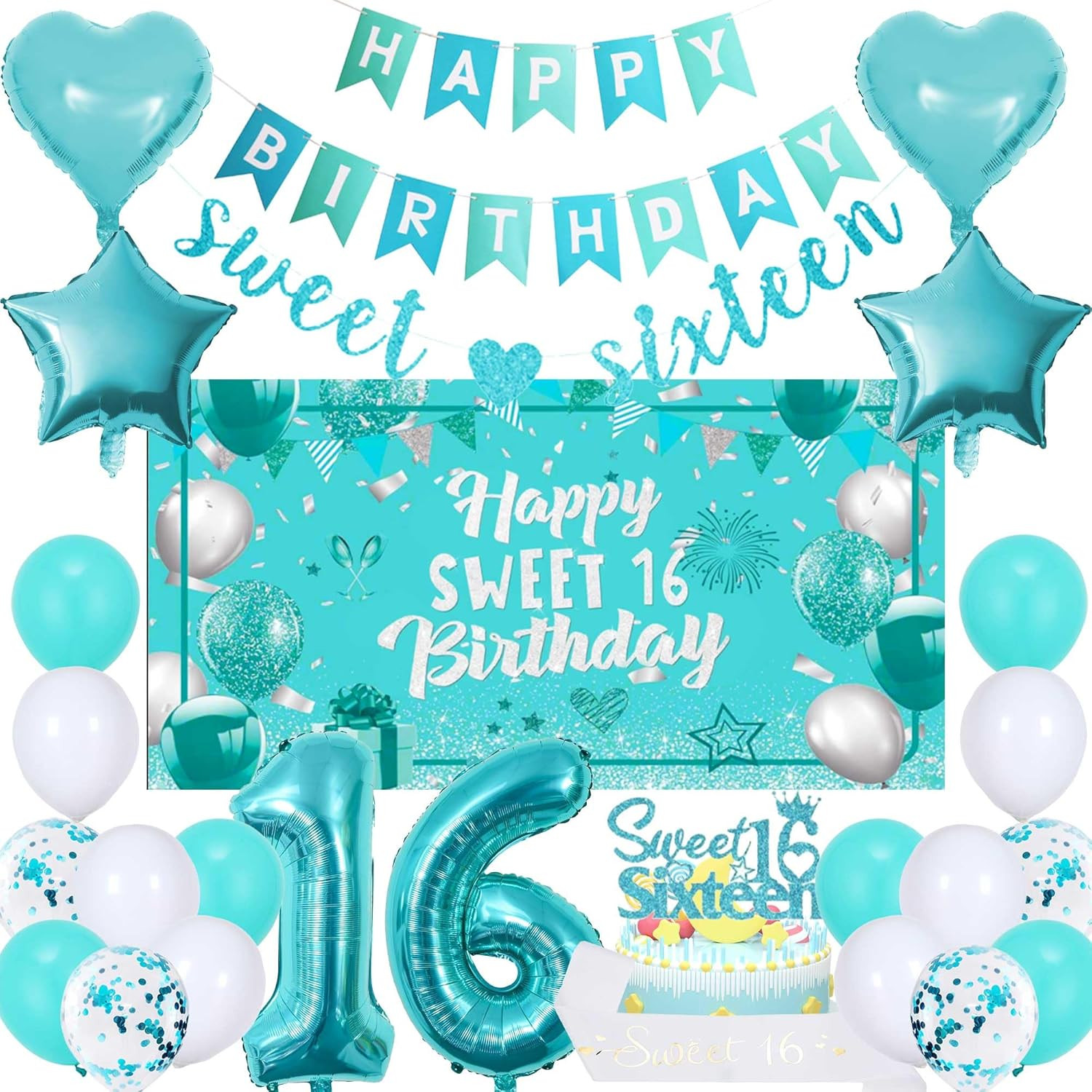 16Th Birthday Decorations for Girls - 27Pcs Teal Sweet 16Th Birthday Party Decor