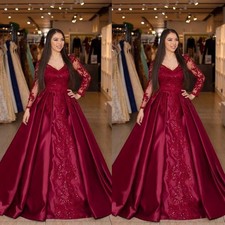 Wedding Dresses Red Satin Long Sleeves V Neck Shiny Beaded Corset Bridal Gowns