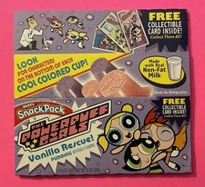 Snack Pack Powerpuff Girls 2002 taza de pudín embalaje tarjeta coleccionable dibujos animados plana