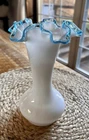 Fenton Aqua Crest Milk Glass Vase With Aqua-blue Ruffled Rim Vintage MCM 8”