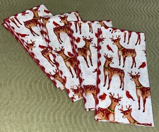 Cloth Napkins Deer Cardinal Christmas Four with Embroidered Edges NWOT