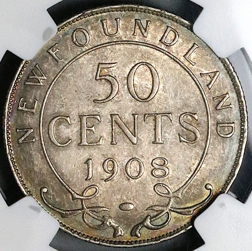 1908 NGC AU Newfoundland Canada Edward VII 50 Cents Silver Coin (24101102C) - Picture 4 of 7