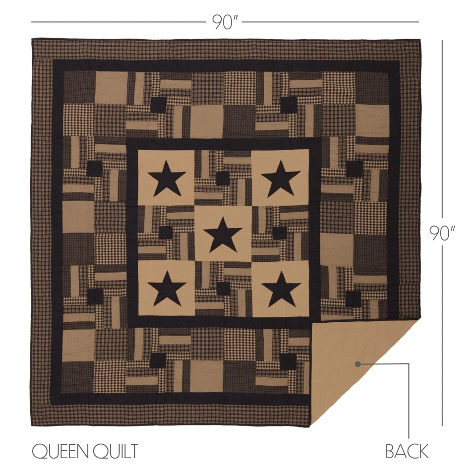 Black Check Star Queen QUILT Country Patchwork Plaids Rustic VHC Brands - Image 2 of 4