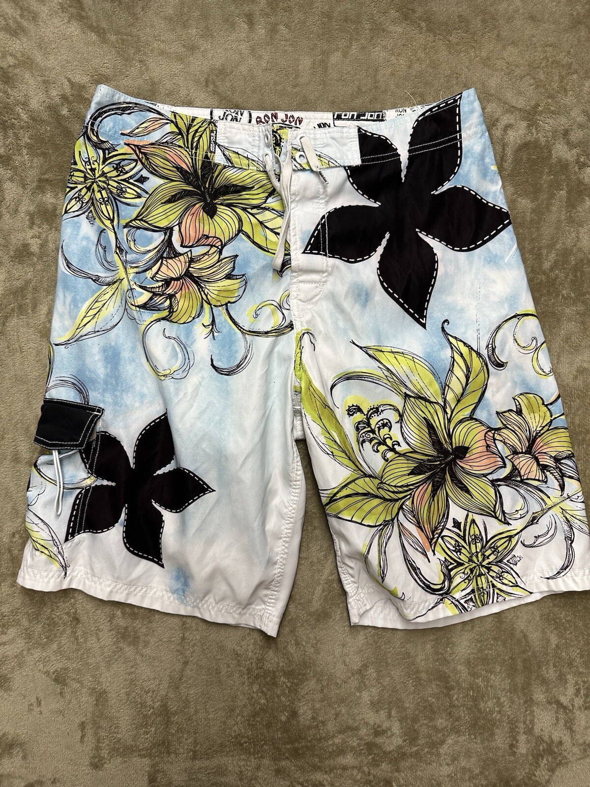 Ron Jon Surf Shop Board Shorts Mens 33 White Swim Trunks Unlined