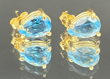 14k Yellow Gold Pear Shape Blue Topaz Solitaire Stud Earrings
