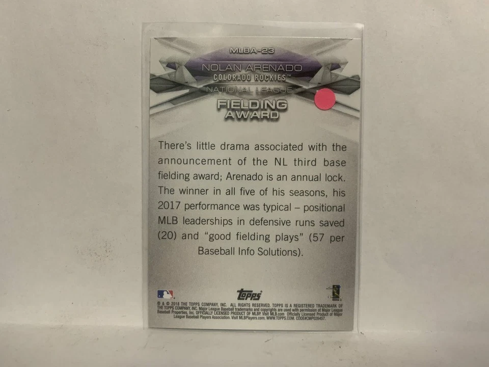MLBA-23 Nolan Arenado NL Fielding Award Colorado Rockies 2018 Topps Series 1 Bas - Image 2 of 2