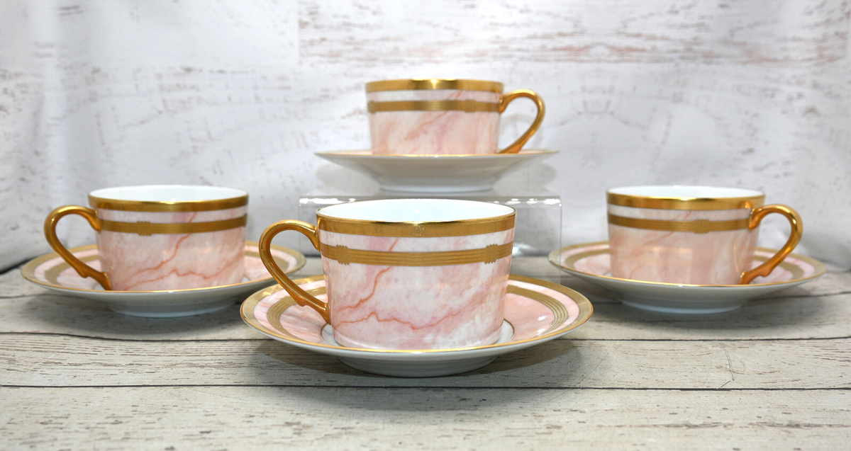 Set of 4-Christian Dior Cups & Saucers Marbre Rose Pink Marble