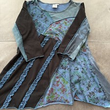 EUC Parsley  Sage Mixed Print Asymmetrical Top Lagenlook M Blue 100 Cotton