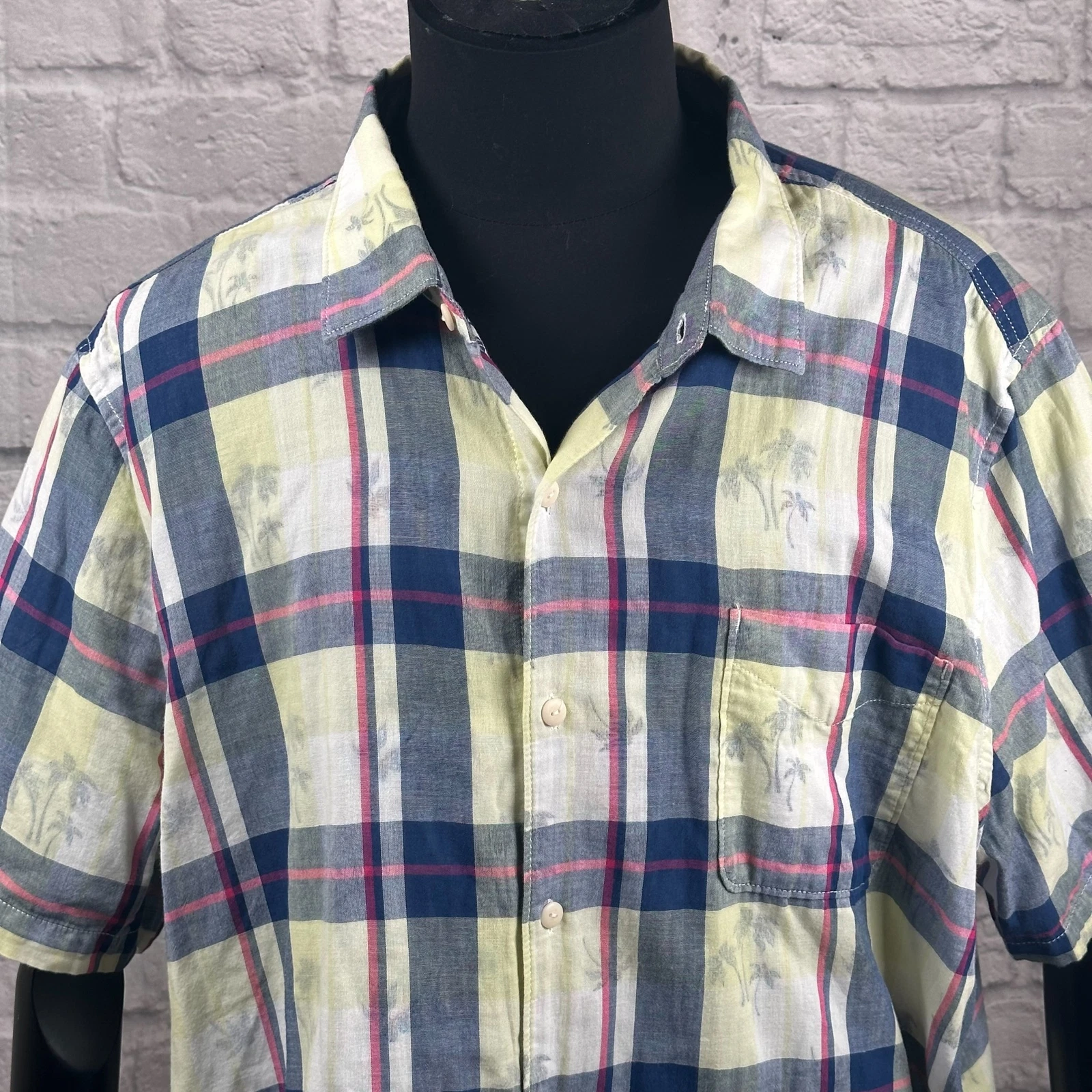 Tommy Bahama Plaid Palm Trees Hawaiian Shirt Men's 3XL Short Sleeve Button-Up