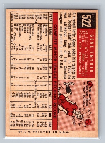 1959 Topps #522 Gene Snyder Los Angeles Dodgers Rookie NM - Picture 2 of 2