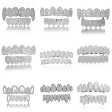 14K Gold Plated CZ Teeth Grillz Hip Hop Top Bottom Mouth Silver Grill Set Custom