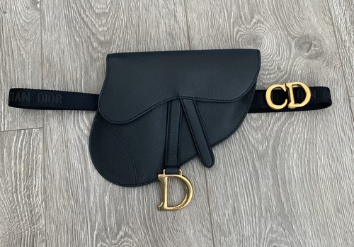 NEW Christian Dior Blue Black Pebbled Leather Saddle Belt Bag CD Logo Belt Gold