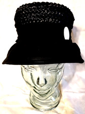 Black Weave Straw Chiffon Band 1930's Hat VTG Great Gatsby Cloche Union Label