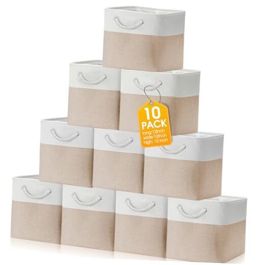10 Pack Large Fabric Storage Baskets with 12 x 12 x 12 Inches White & Beige