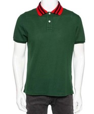 Gucci Green Pique  Rib Knit Polo Shirt Striped Collar Men S Cotton Short Sleeve