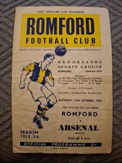 Romford v Arsenal Reserves programme. 24/10/1953 East Anglian Cup